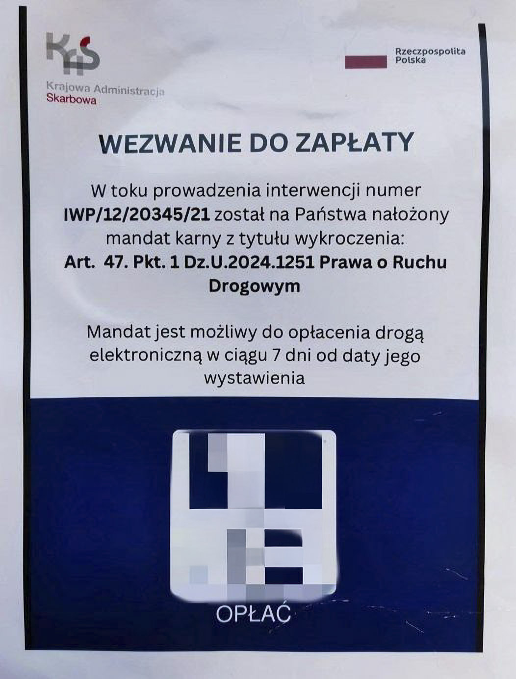 grafika ilustracyjna z logo KAS i RP. Tekst na grafice wzywające do zapłaty oraz kod QR, który pochodzi od oszusta.