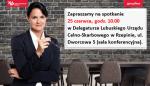 elegancka kobieta w sali konferencyjnej, obok napis: zapraszamy na spotkanie 25 czerwca, godz. 10.00 w Delegaturze Lubuskiego Urzędu Celno-Skarbowego w Rzepinie, ul. Dworcowa 5 (sala konferencyjna).